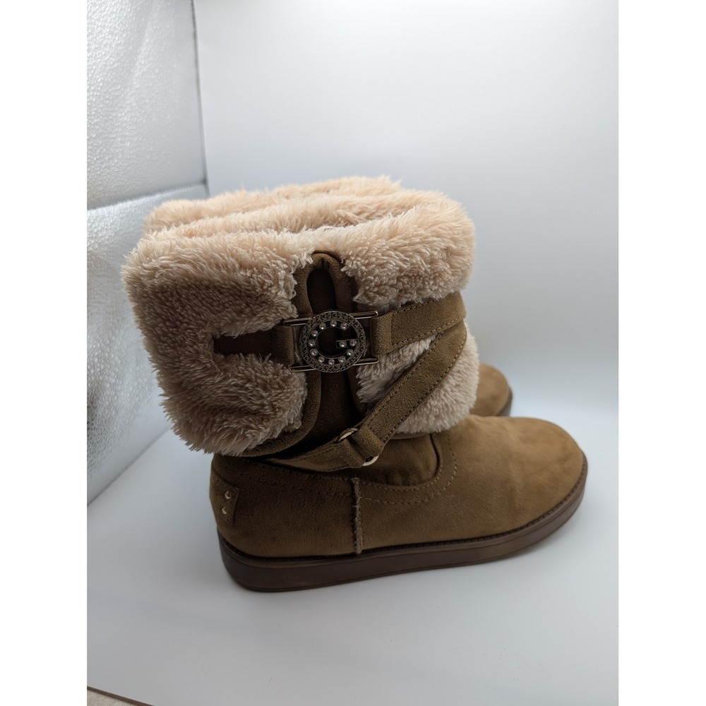 G by Guess‎ Aussie Chestnut Faux Suede Shearling Cuff Boots Womens 7M Rhinestone